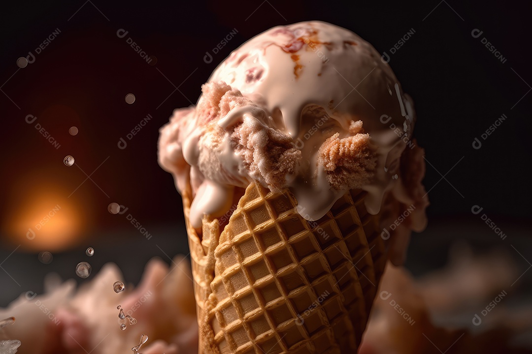 Bolas de sorvete de diferentes sabores e cores em cones sobre um fundo criativo e colorido