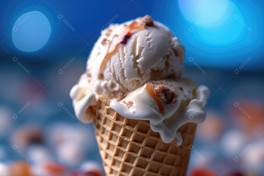 Bolas de sorvete de diferentes sabores e cores em cones sobre um fundo criativo e colorido