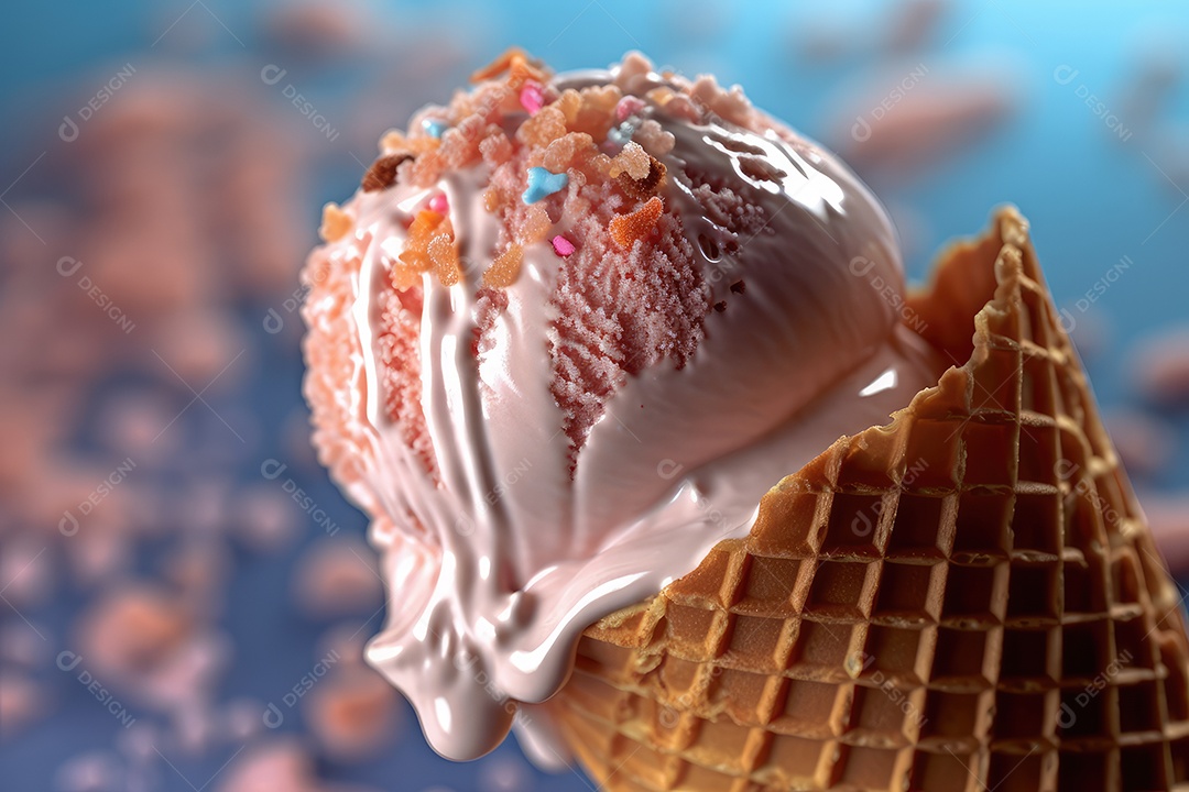 Bolas de sorvete de diferentes sabores e cores em cones sobre um fundo criativo e colorido