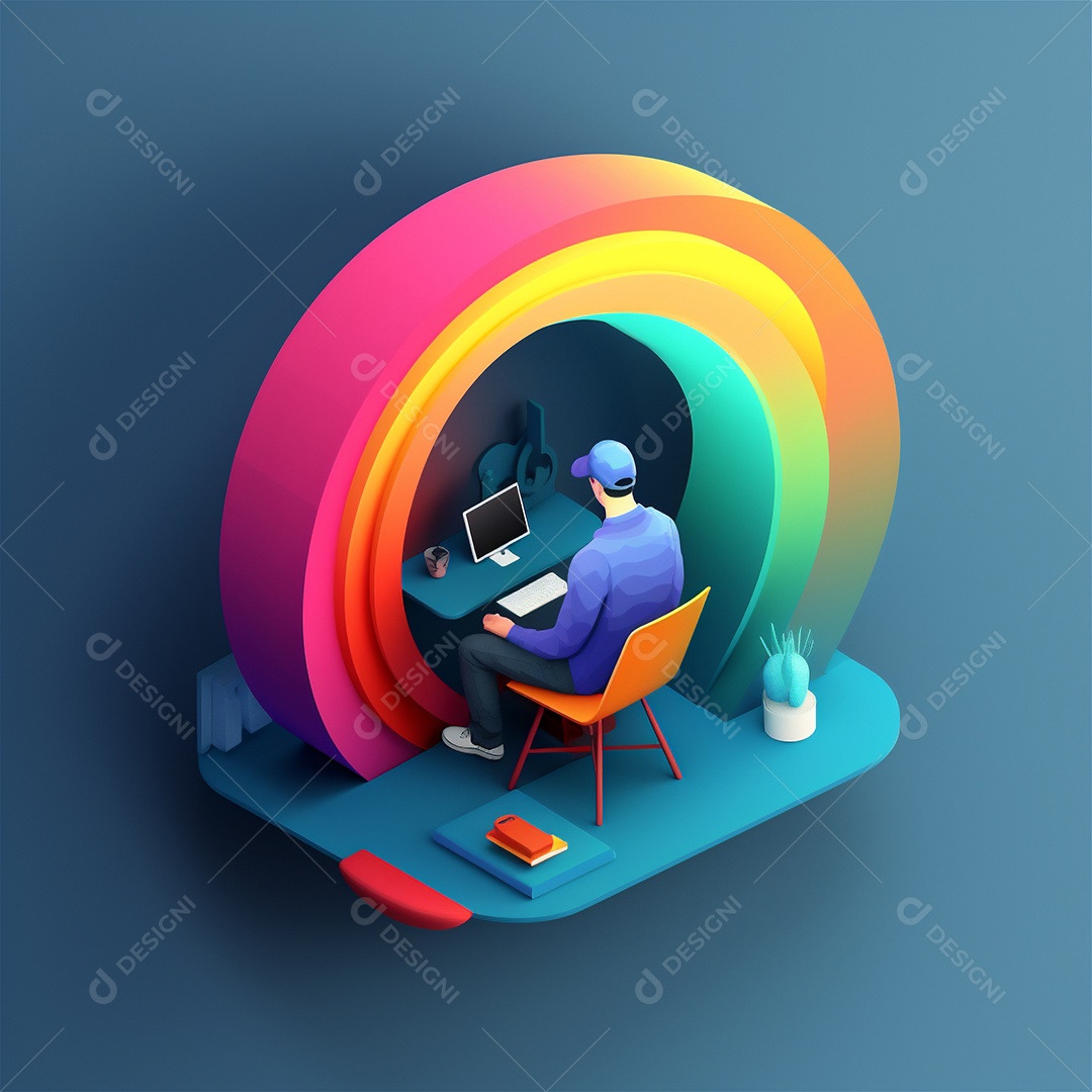 Ilustração 3D estilizada do espaço de trabalho do designer com computador no escritório doméstico.