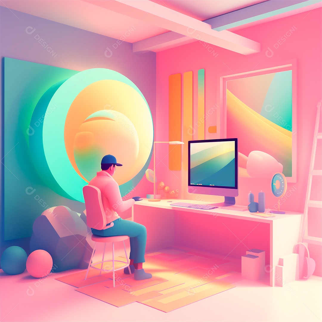 Ilustração 3D estilizada do espaço de trabalho do designer com computador no escritório doméstico.