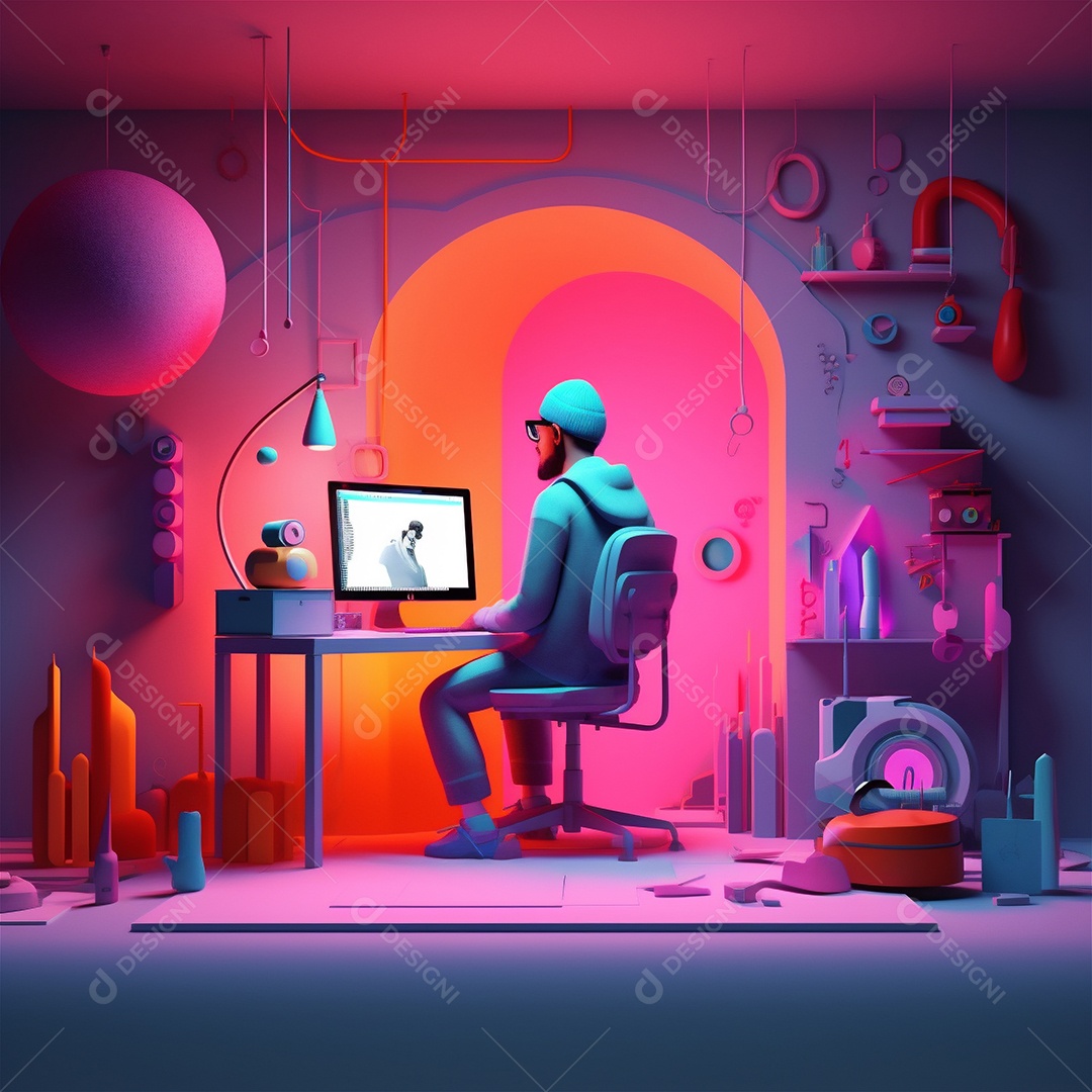 Ilustração 3D estilizada do espaço de trabalho do designer com computador no escritório doméstico.