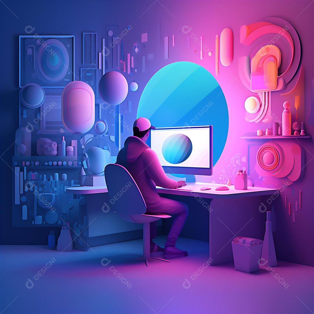 Ilustração 3D estilizada do espaço de trabalho do designer com computador no escritório doméstico.