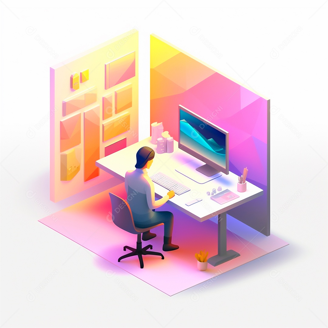 Ilustração 3D estilizada do espaço de trabalho do designer com computador no escritório doméstico.