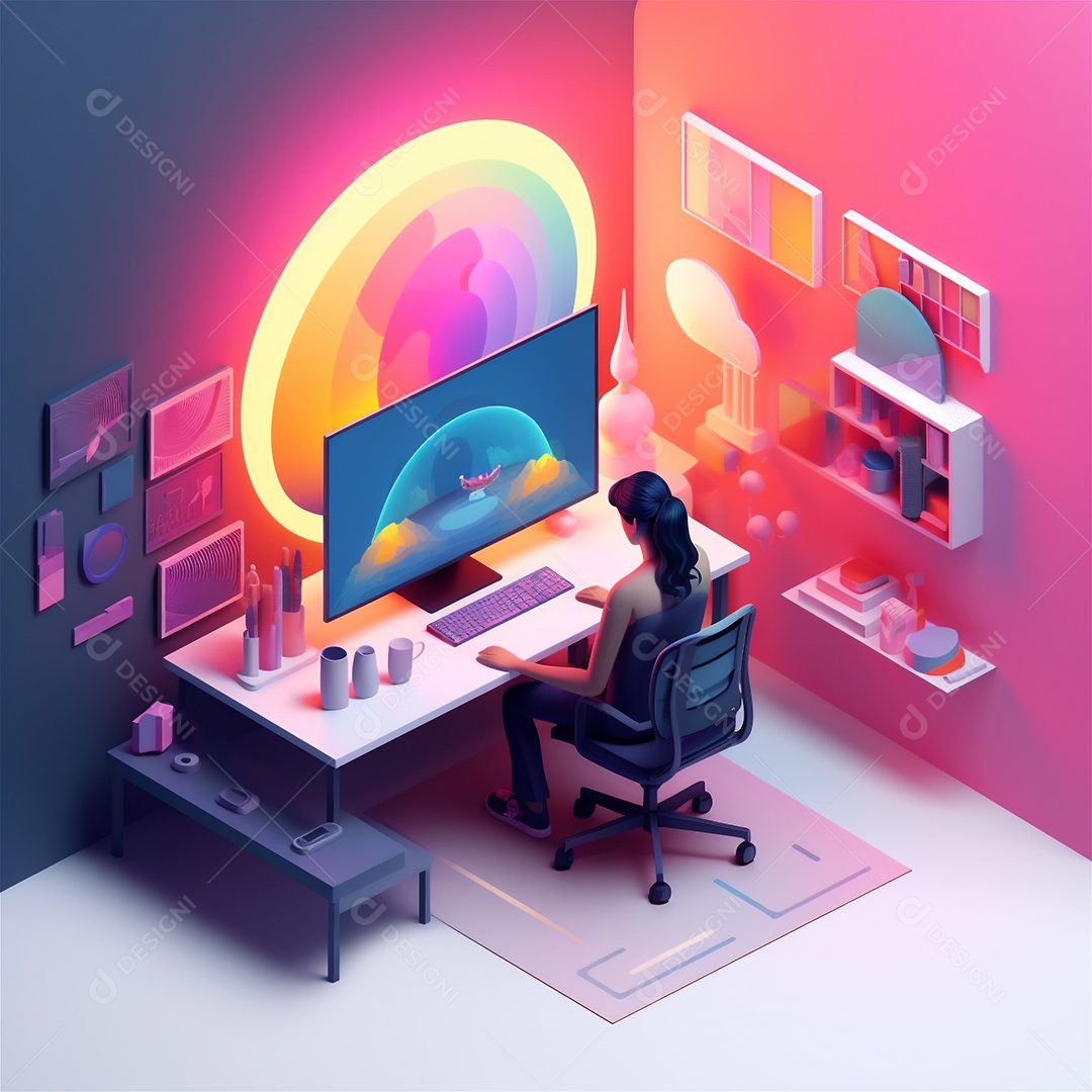 Ilustração 3D estilizada do espaço de trabalho do designer com computador no escritório doméstico.