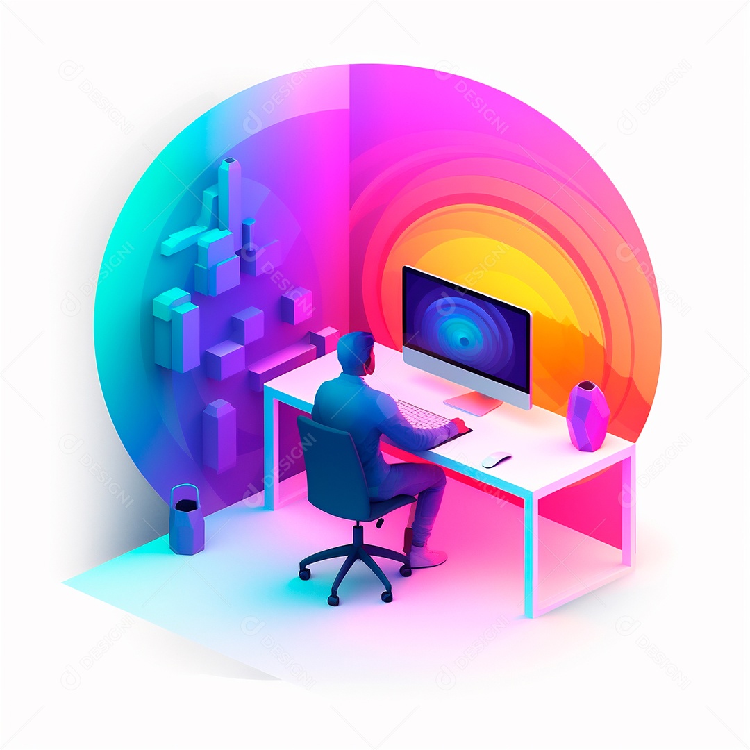 Ilustração 3D estilizada do espaço de trabalho do designer com computador no escritório doméstico.