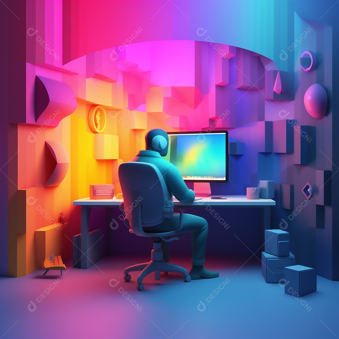 Ilustração 3D estilizada do espaço de trabalho do designer com computador no escritório doméstico.