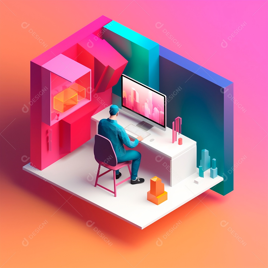 Ilustração 3D estilizada do espaço de trabalho do designer com computador no escritório doméstico.