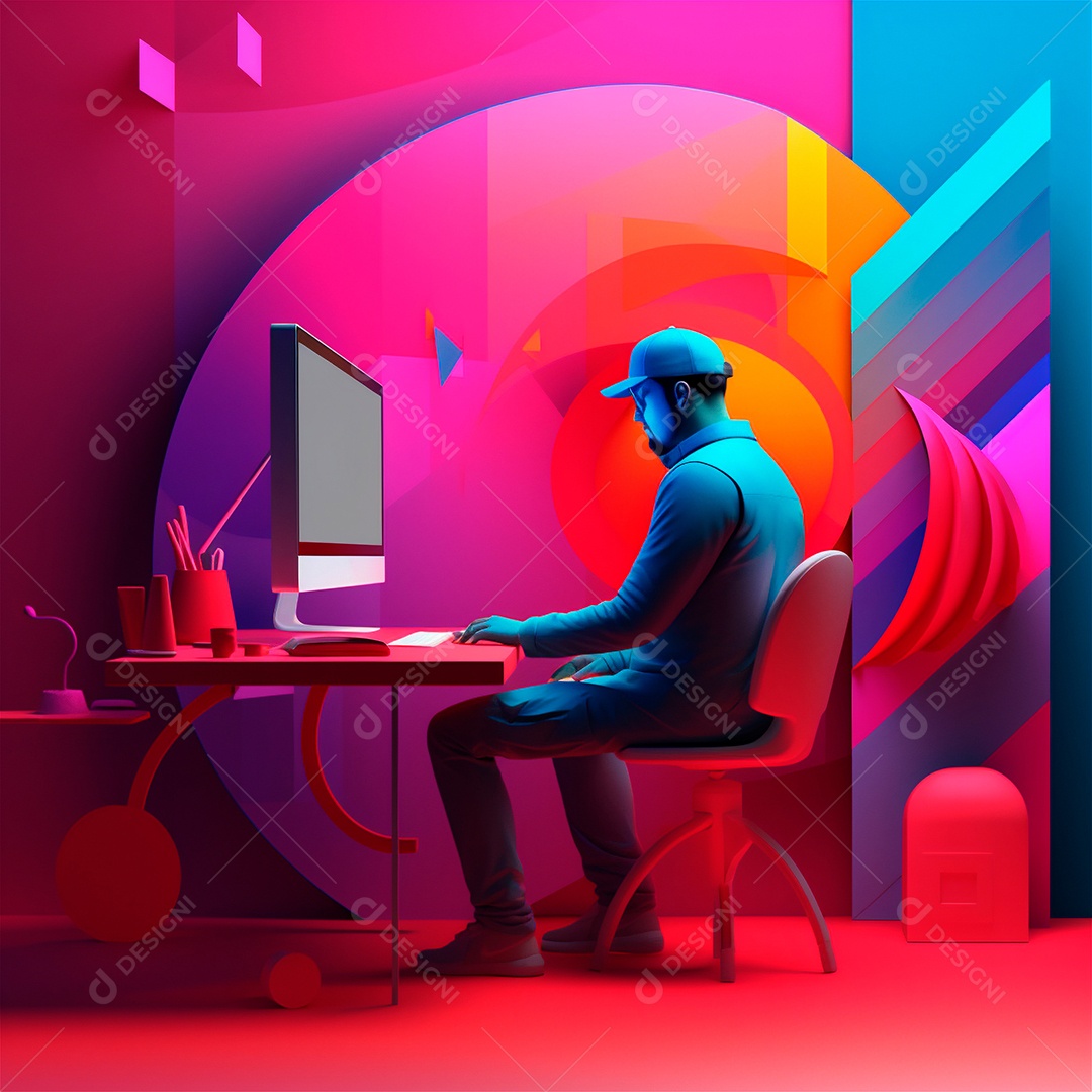 Ilustração 3D estilizada do espaço de trabalho do designer com computador no escritório doméstico.