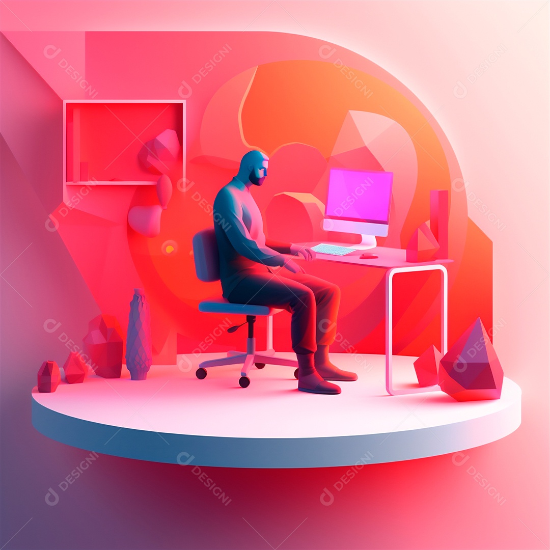 Ilustração 3D estilizada do espaço de trabalho do designer com computador no escritório doméstico.