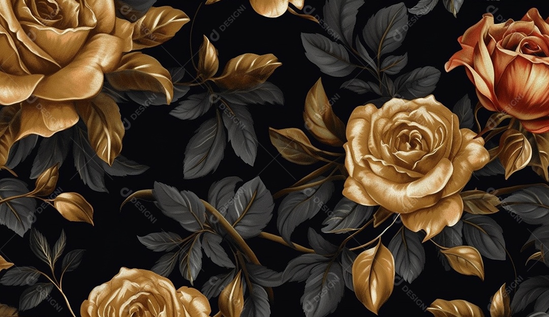 Floral com flores douradas em fundo escuro