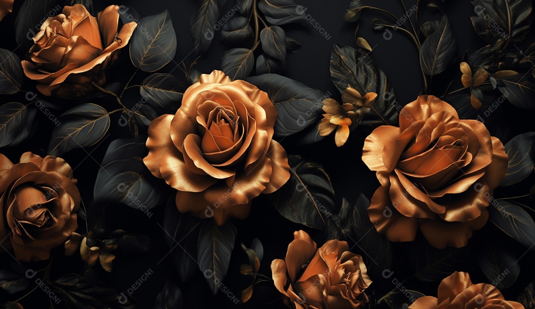 Floral com flores douradas em fundo escuro