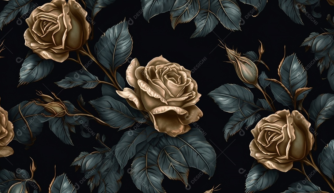 Floral com flores douradas em fundo escuro