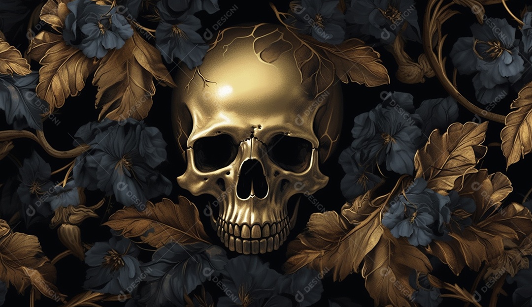 Caveiras com flores douradas em fundo escuro