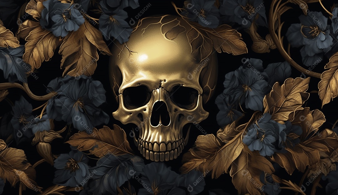 Caveiras com flores douradas em fundo escuro