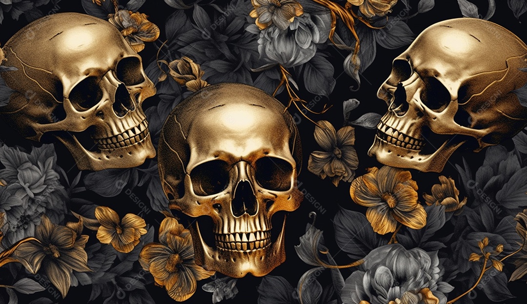 Caveiras com flores douradas em fundo escuro