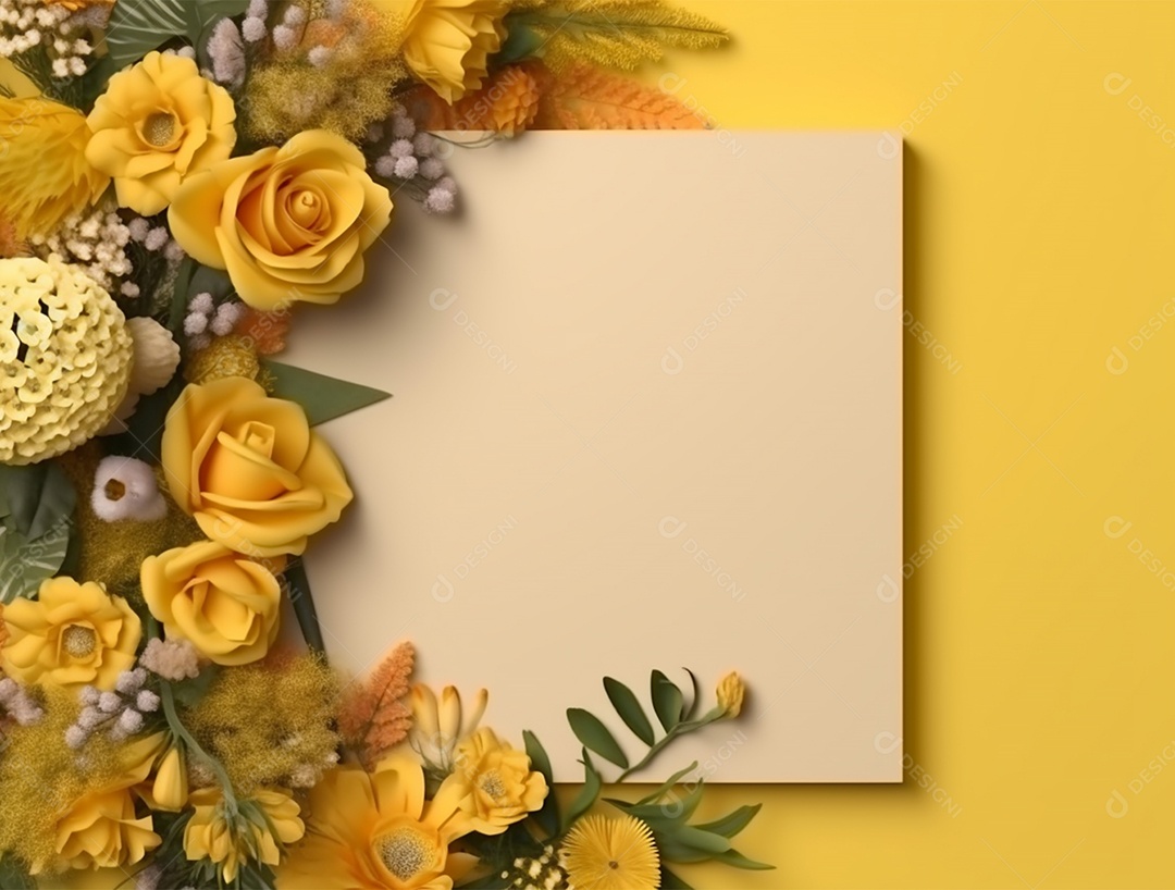 Papel em um fundo amarelo com flores e espaço de cópia