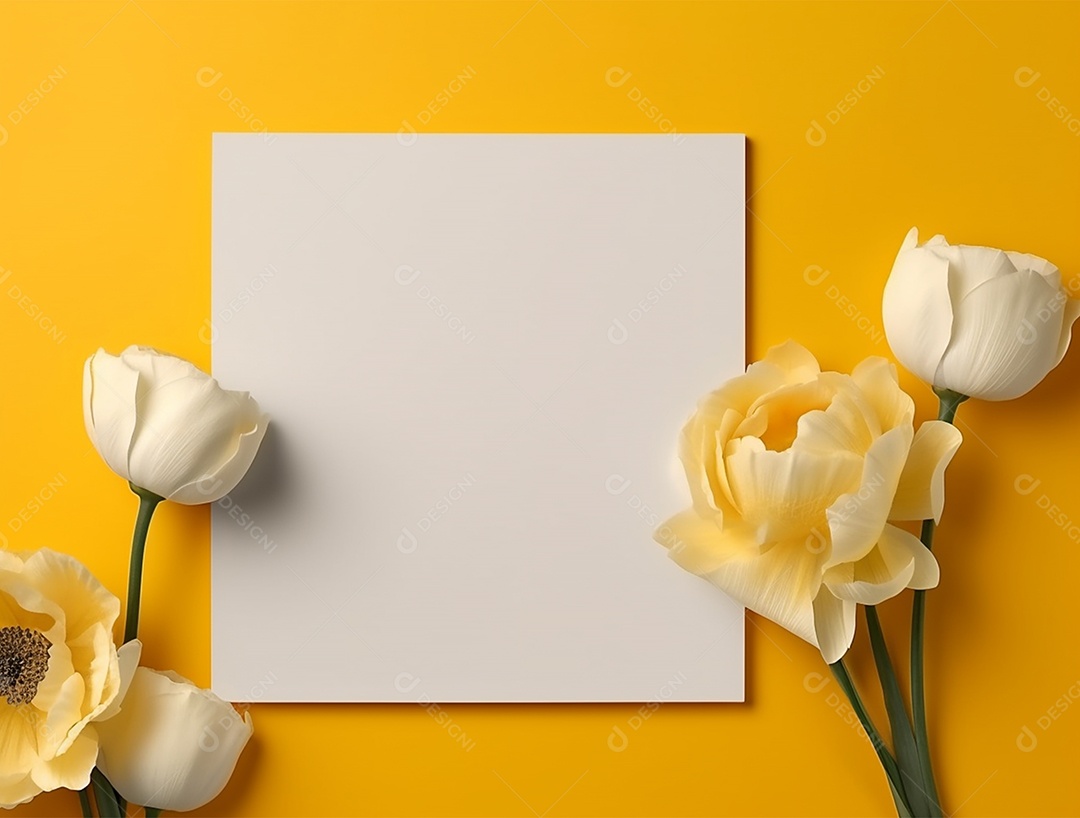 Cartão branco sobre um fundo amarelo com flores.