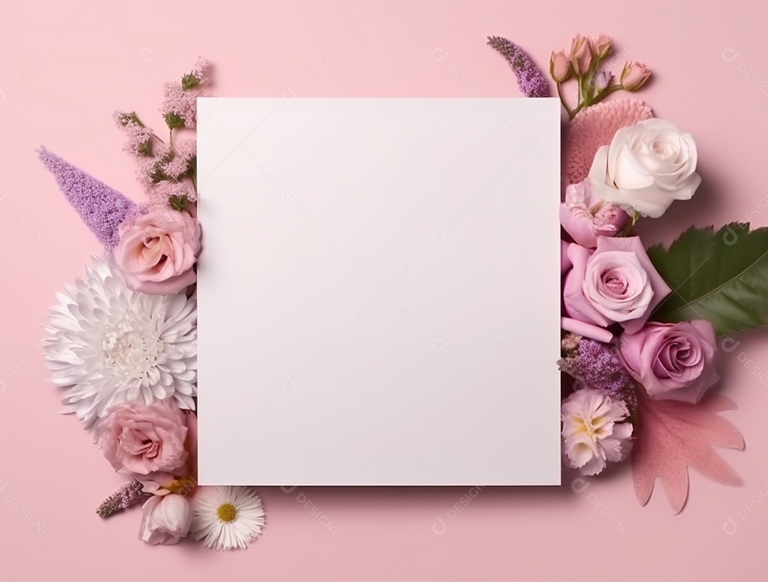 Cartão branco sobre um fundo rosa com flores.
