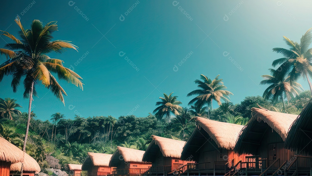 Imagem realista de cabana de praia sobre dia ensolarado.
