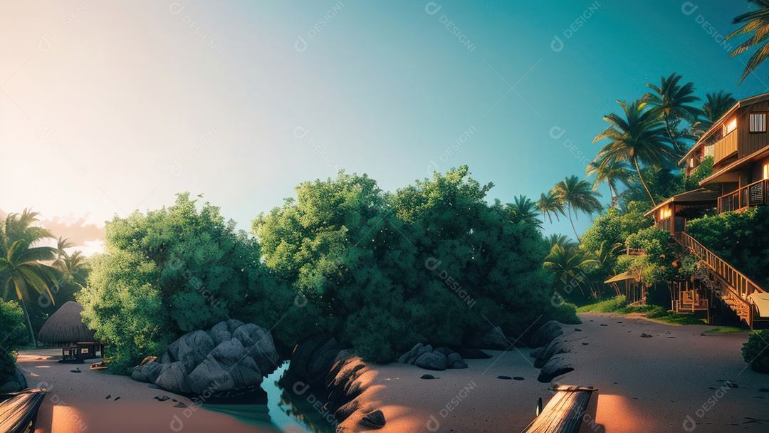 Imagem realista de cabana de praia sobre dia ensolarado.