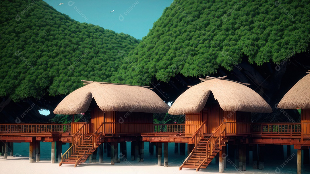 Imagem realista de cabana de praia sobre dia ensolarado.