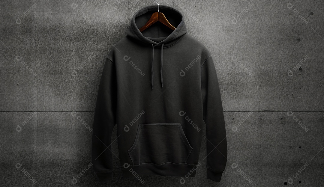 Moletom preto com capuz pendurado em uma parede escura.