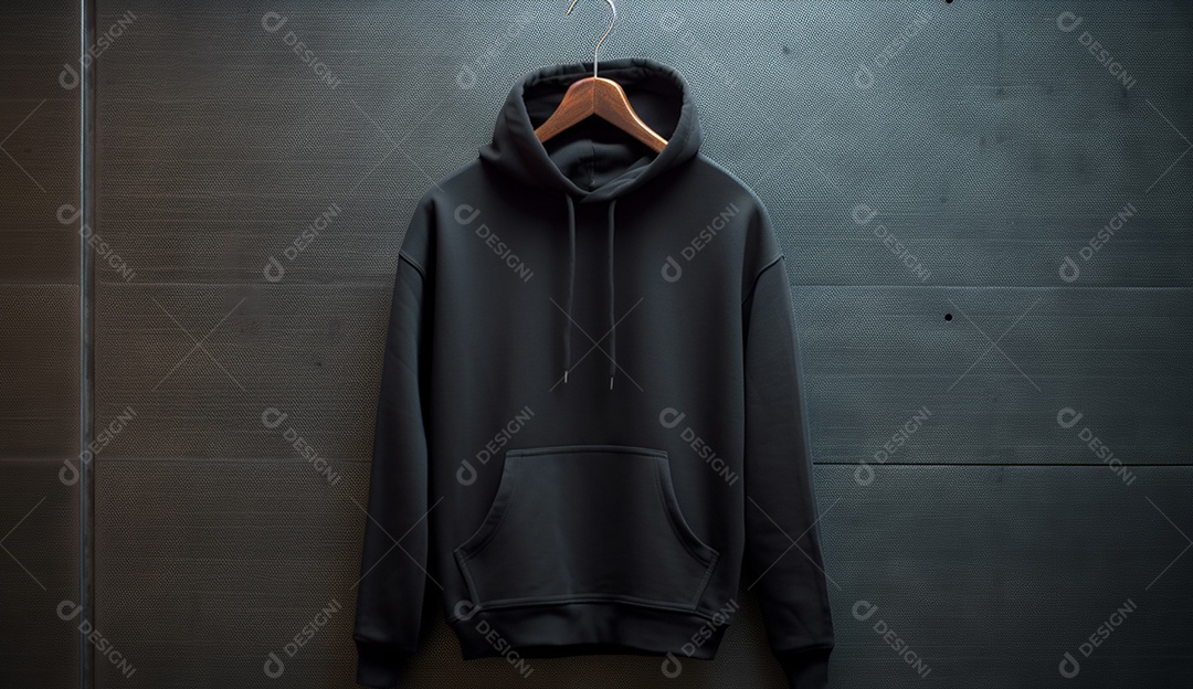 Moletom preto com capuz pendurado em uma parede escura.