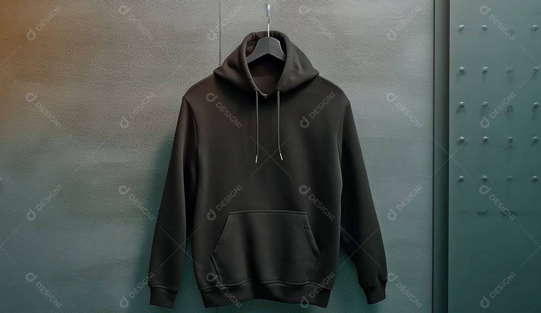 Moletom preto com capuz pendurado em uma parede escura.