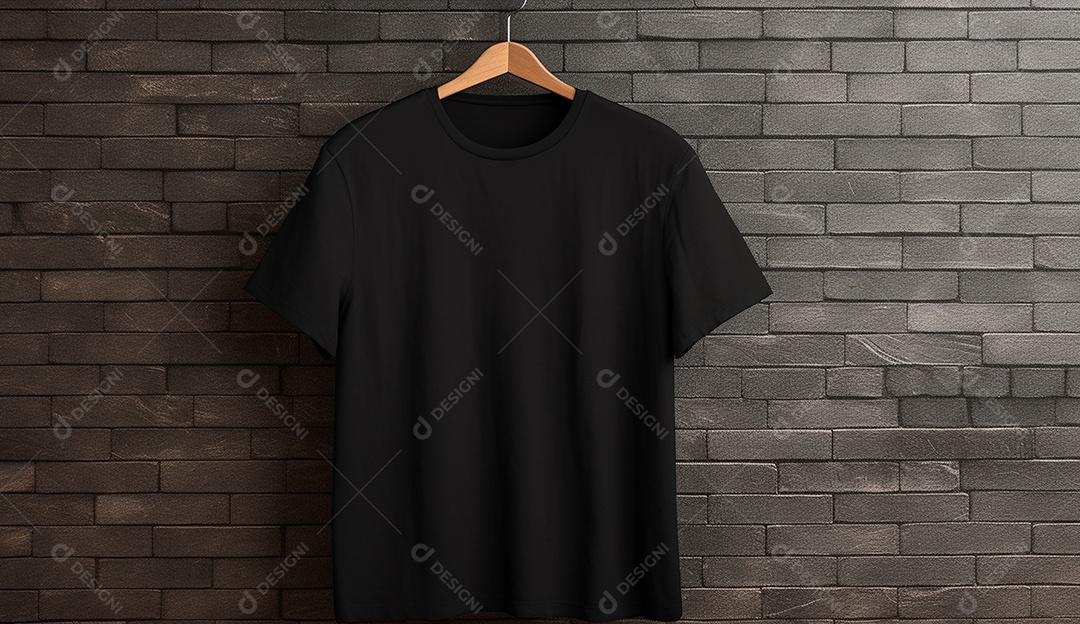 Camisa preta pendurada em uma parede escura.