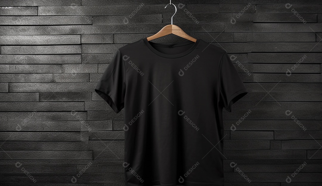 Camisa preta pendurada com um cabide sobre parede escura.