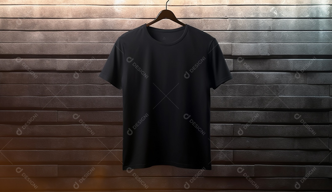 Camisa preta pendurada com um cabide sobre parede escura.