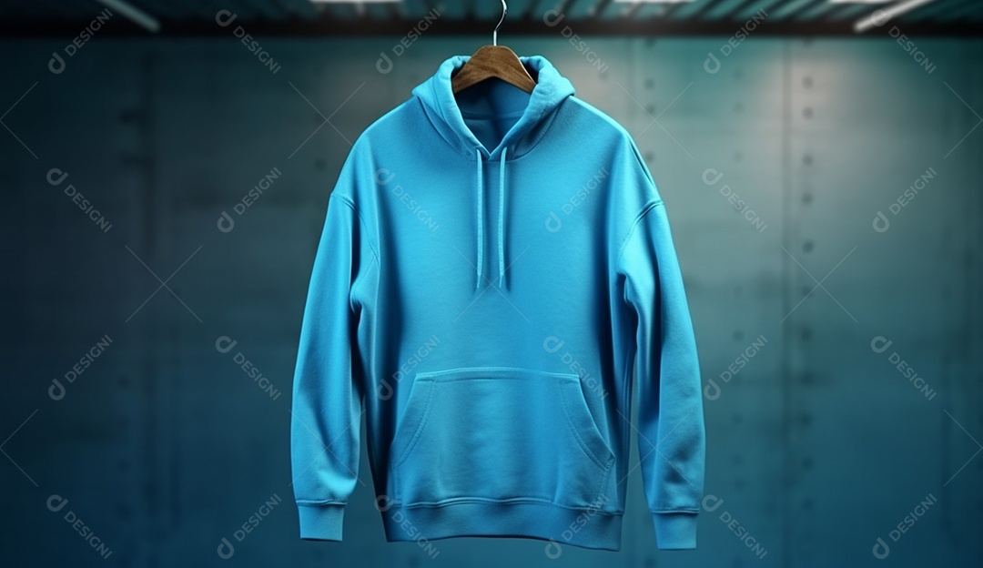 Moletom azul pendurada com um cabide sobre fundo parede azul.