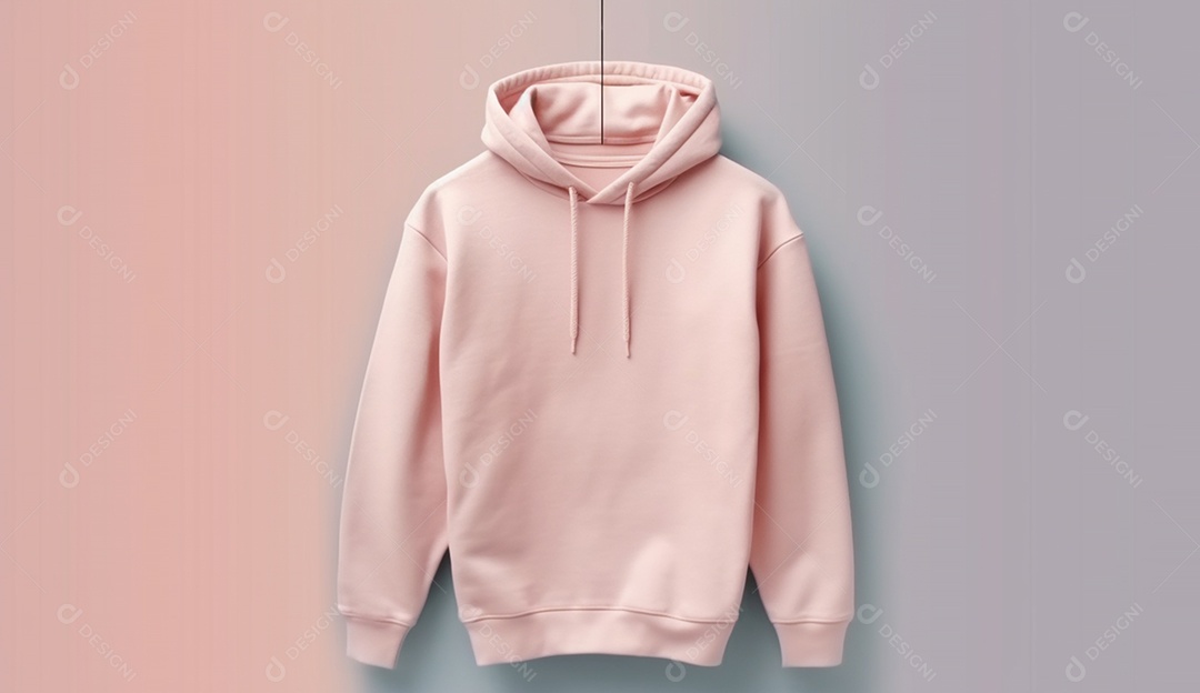 Moletom rosa pendurada com um cabide sobre parede rosa.