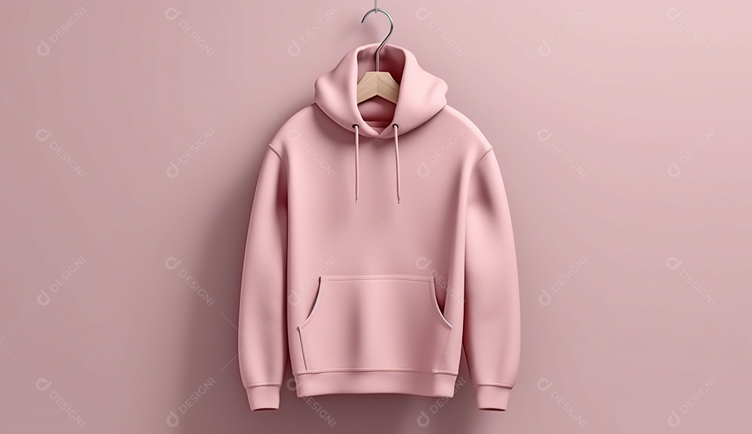 Moletom rosa pendurada com um cabide sobre parede rosa.