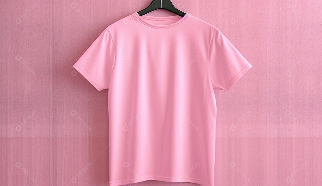 Camisa rosa pendurada com um cabide sobre parede rosa