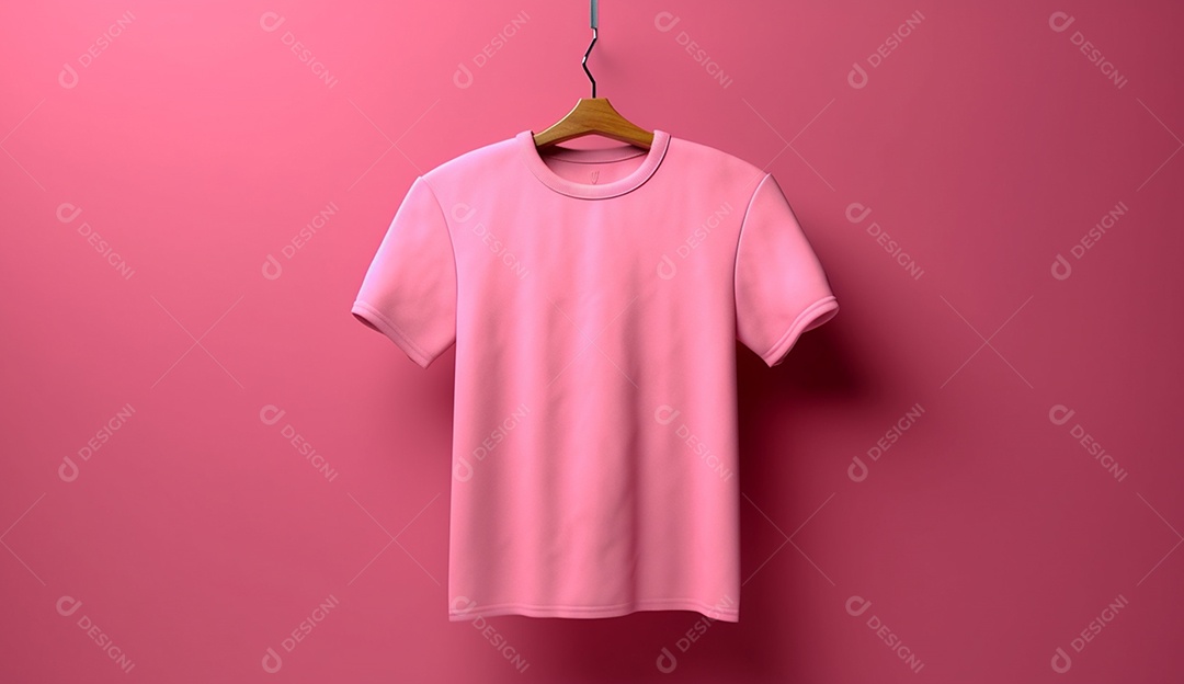 Camisa rosa pendurada com um cabide sobre parede rosa