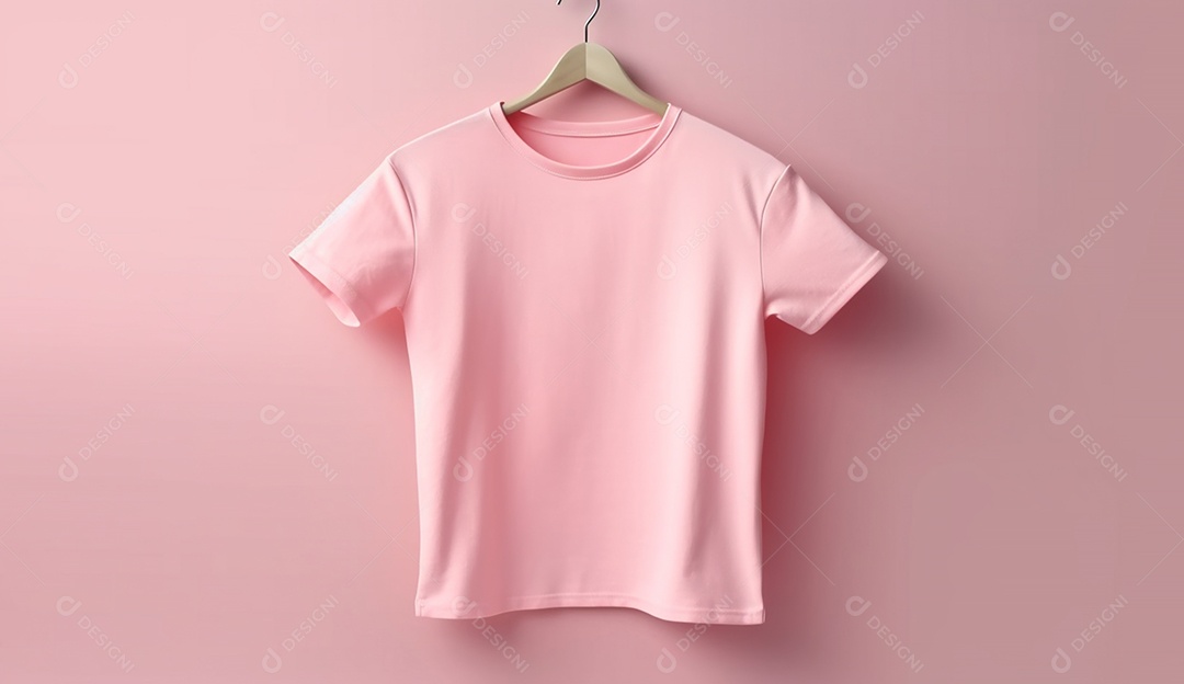Camisa rosa pendurada com um cabide sobre parede rosa.