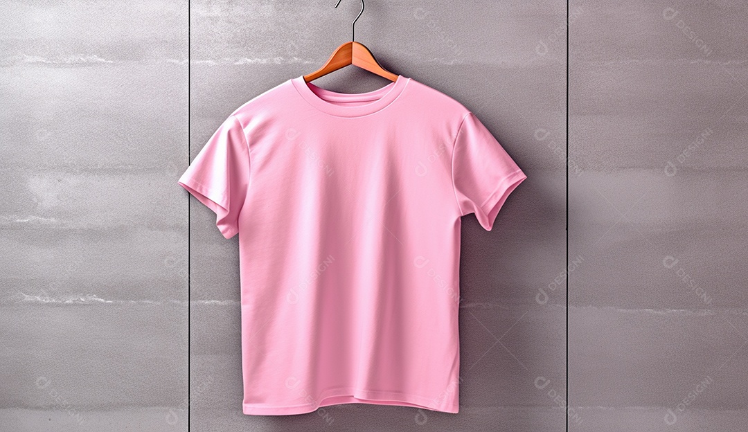 Camisa rosa pendurada com um cabide sobre parede.