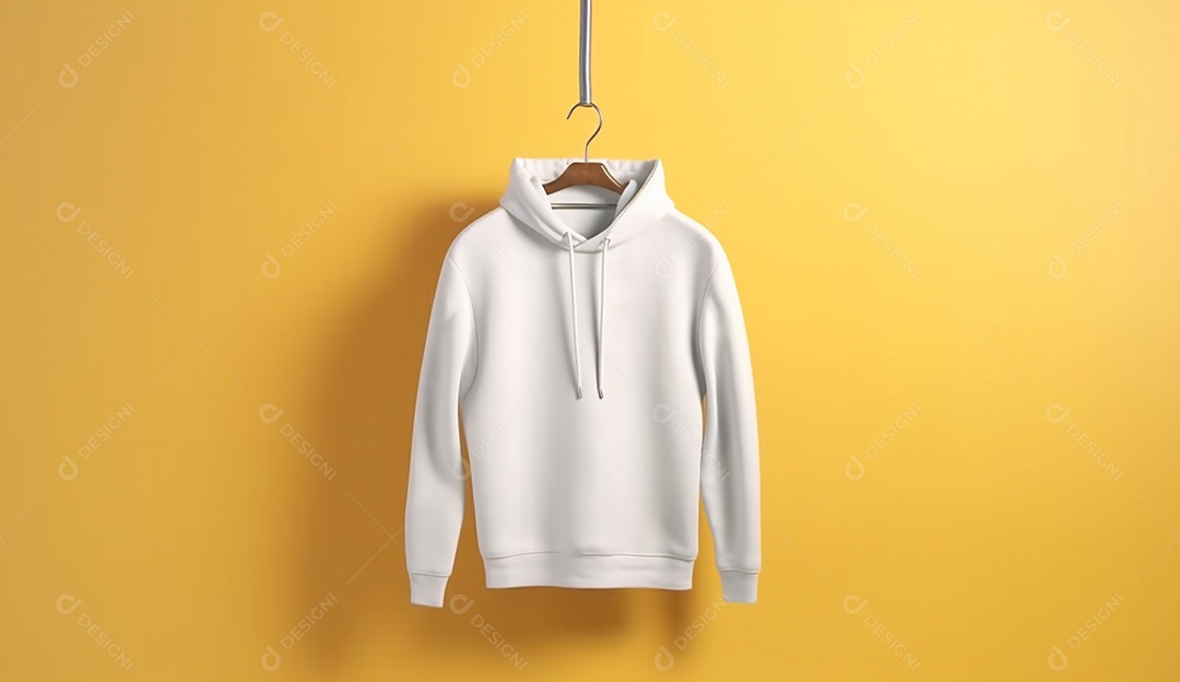 Moletom branco com capuz pendurada com um cabide sobre parede amarela.