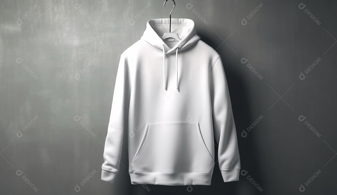 Moletom branco com capuz, pendurado com um cabide sobre parede.