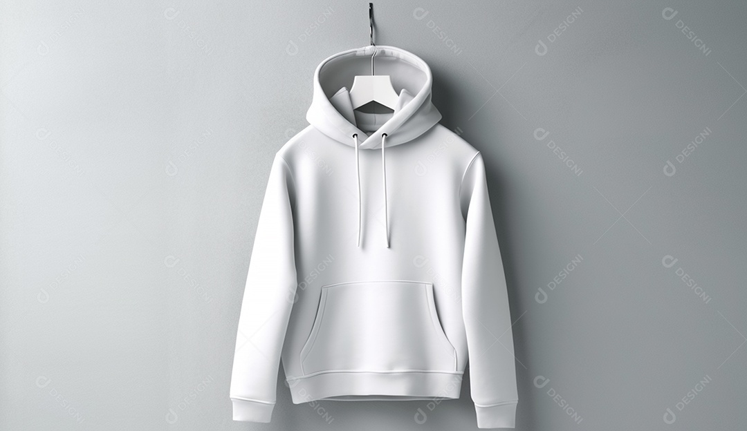 Moletom branco com capuz, pendurado com um cabide sobre parede branca