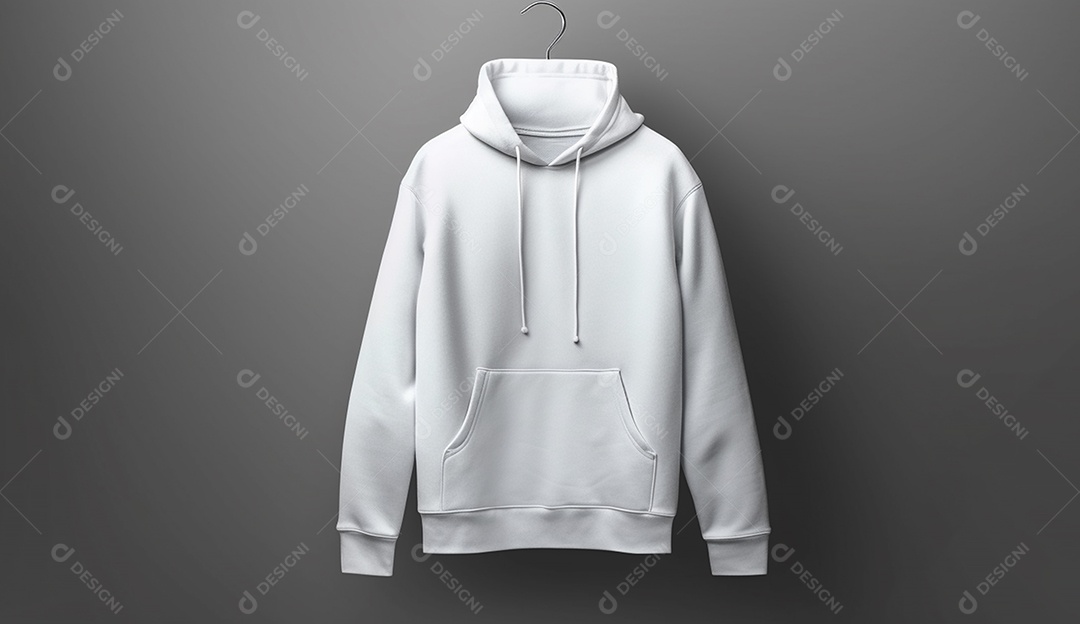Moletom branco com capuz, pendurado em uma parede.