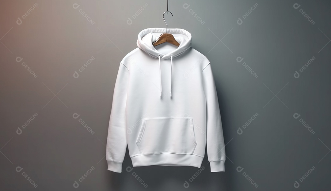 Moletom branco com capuz, pendurado em uma parede.
