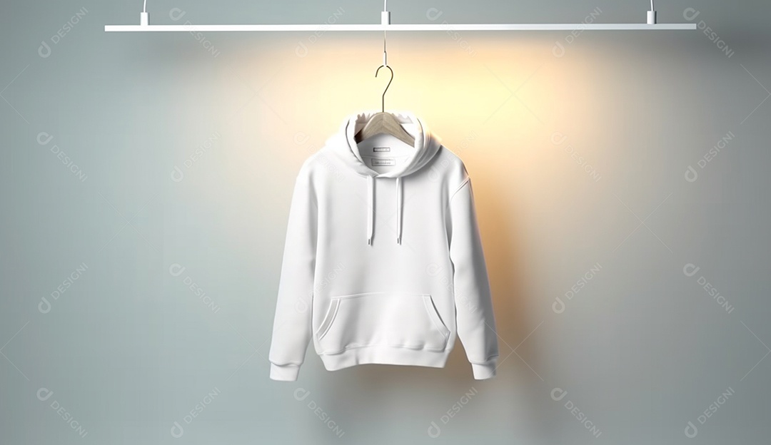 Moletom branco com capuz, pendurado em uma parede.