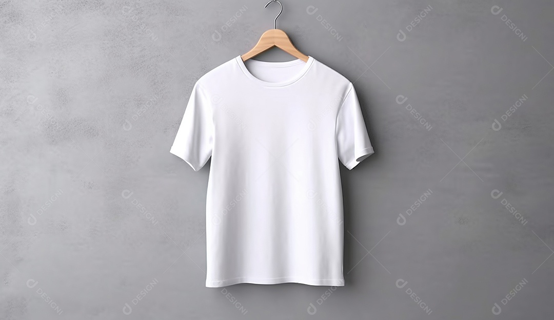 Camisa branca pendurada com um cabide em uma parede.