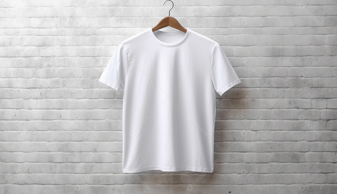 Camisa branca pendurada com um cabide em uma parede.