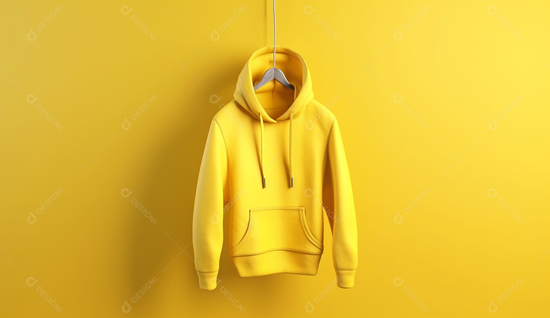 Moletom amarelo com capuz, pendurada com um cabide em uma parede.