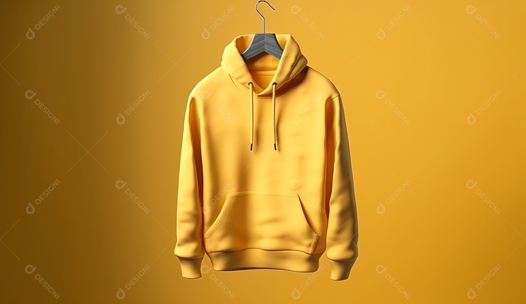 Moletom amarelo com capuz, pendurada com um cabide em uma parede.