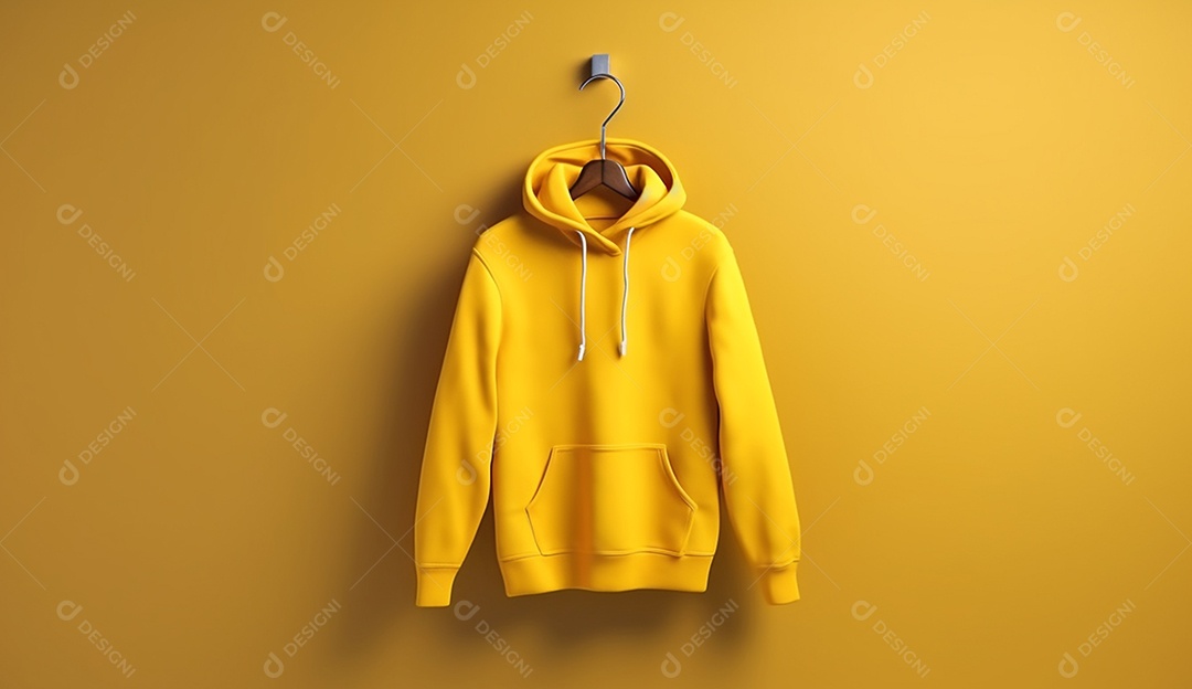 Moletom amarelo com capuz, pendurada com um cabide em uma parede.